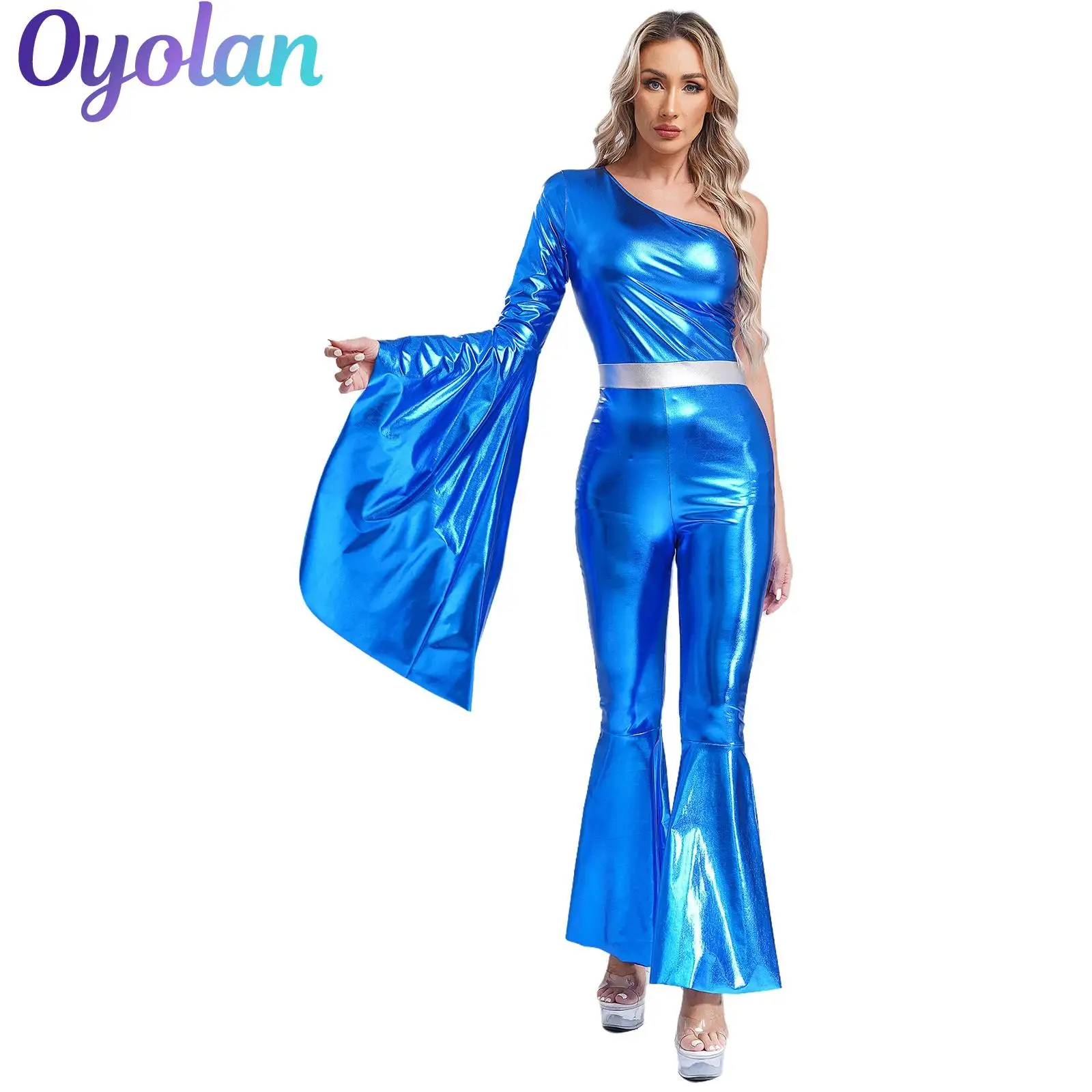 

Womens 70s Disco Cosplay Jazz Modern Dance Costume One Shoulder Single Long Sleeve Bodysuit Flared Bell Shiny Metallic Dancewear