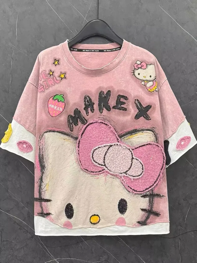 

High Quality Pure Cotton Summer New Sweet Age Reduction Cartoon Hello Kitty Short Sleeved Tshirt Loose Casual Kawaii Pink Tops