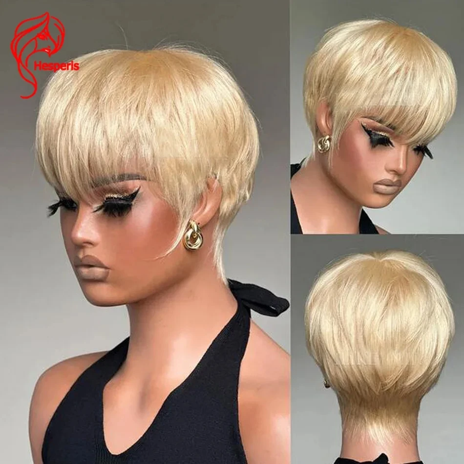 Hesperis 613 Blonde Hair Short Wigs Full Machine Made Human Hair Wig With Bang Short Pixie Cut Wig Layered Cut Wig For Women