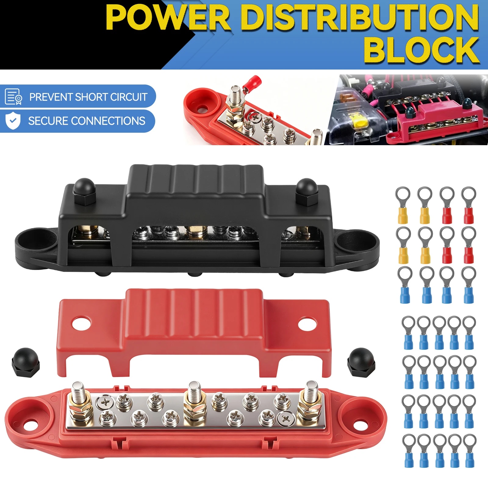 Heavy Duty 150A 48V BusBar Block Power Distribution Terminal Block 10 Terminal Screws Bus Bar for Camper Car Boat Black & Red