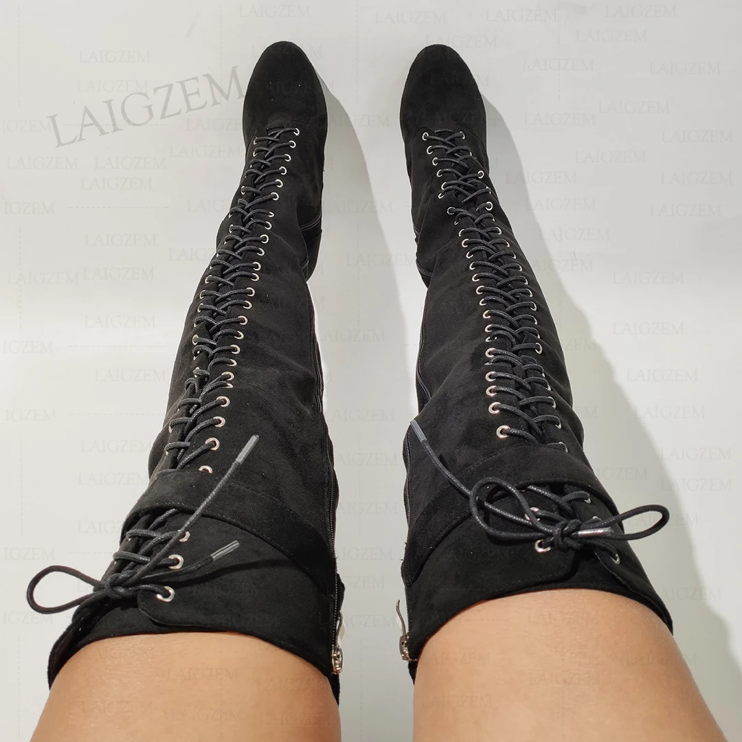 LAIGZEM Women Over Knee High Boots Platform Faux Suede Thick High Heels Boots Handmade Ladies Shoes Woman Big Size 42 43 45 52