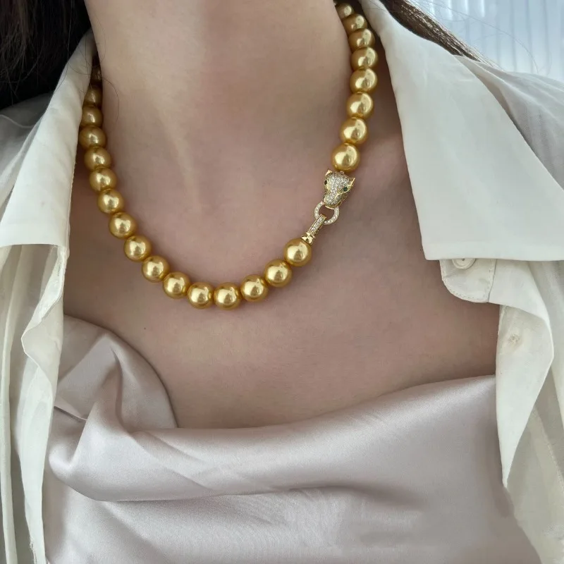 Natural Gold Pearl Leopard Head 10-11mm Necklace with Personalized Design, Gold Pearl Bead Necklace