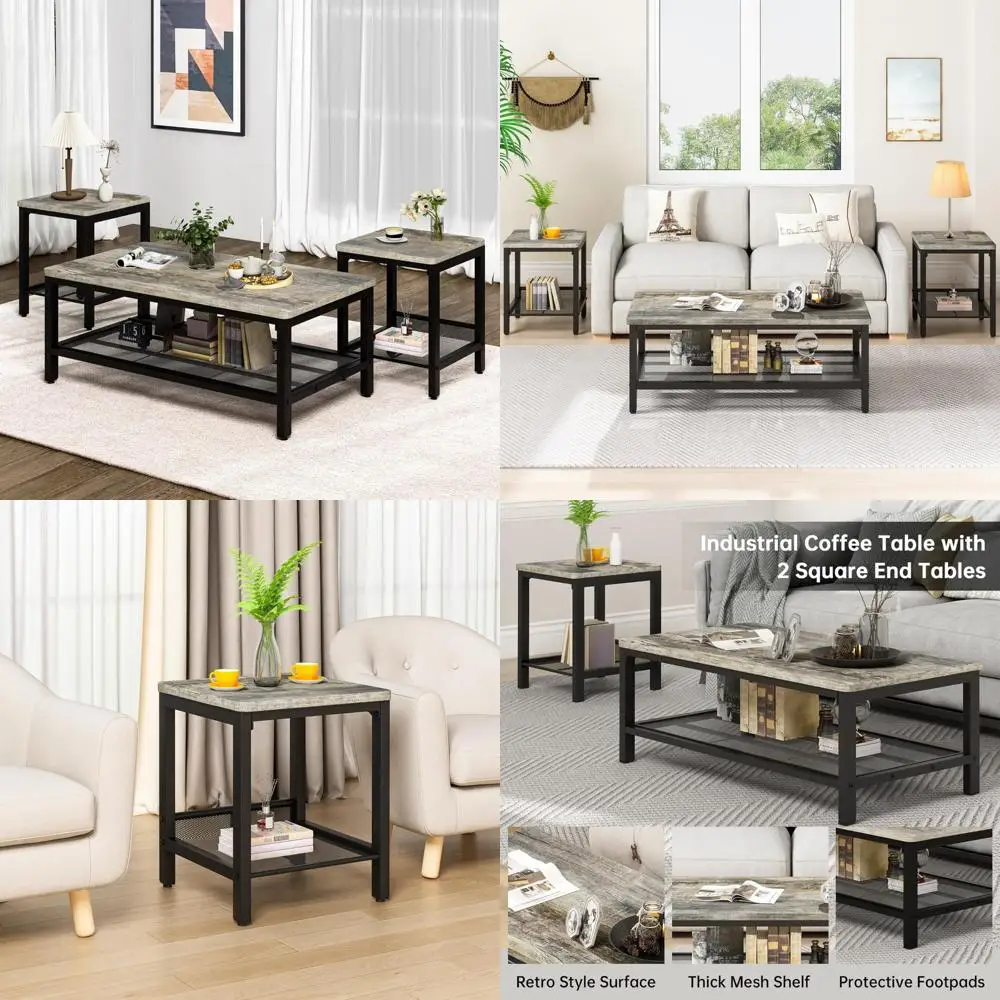 

Industrial Style 3-Piece Living Room Furniture Set: Coffee Table and Two Square Side Tables with Metal Frame