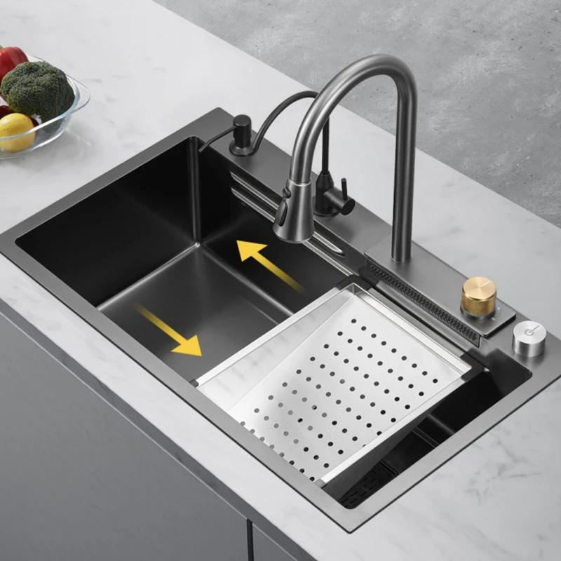 

Black Grey Nano Kitchen Sink Large Multiple Size Wash Basin Waterfall Single Bowl Topmount Undermount Kitchen Sink Faucet Drain