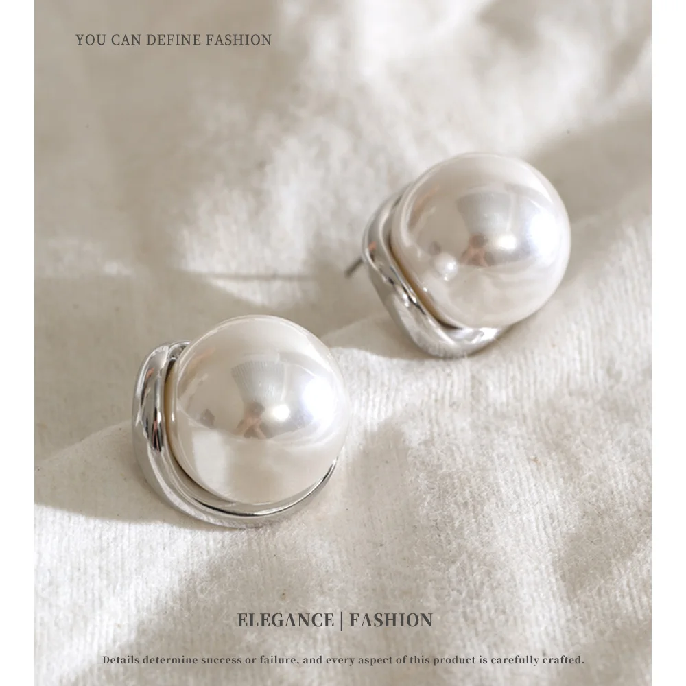NiNice Smooth Simulated Pearls Round Stud Earrings Stainless Steel High Quality Waterproof Popular Daily Jewelry