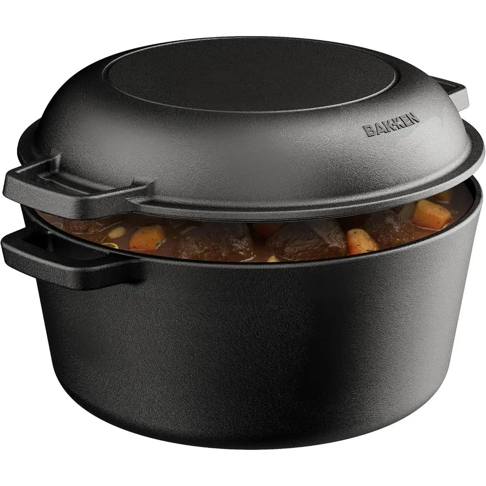 

Чугунная жаровня Bakken 2-в-1 с крышкой-сковородой, 5QT, предварительно обработанная, для запекания и приготовления на костре