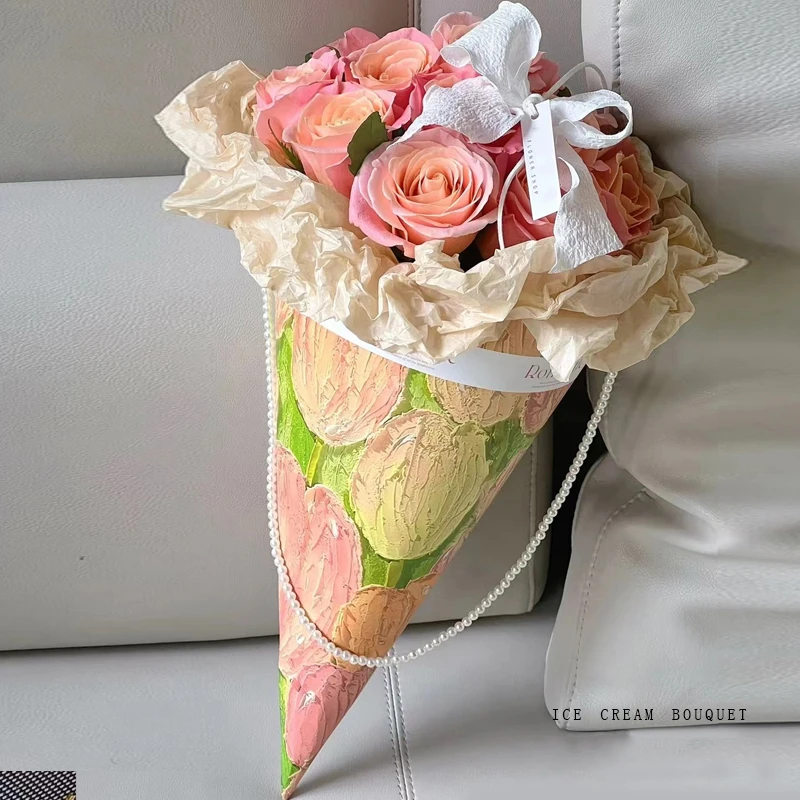 Flower Bouquet Wrapping Paper, Thickened Cardboard, Ice Cream Cone Handmade Craft Gift Packaging Materials, 10Pcs