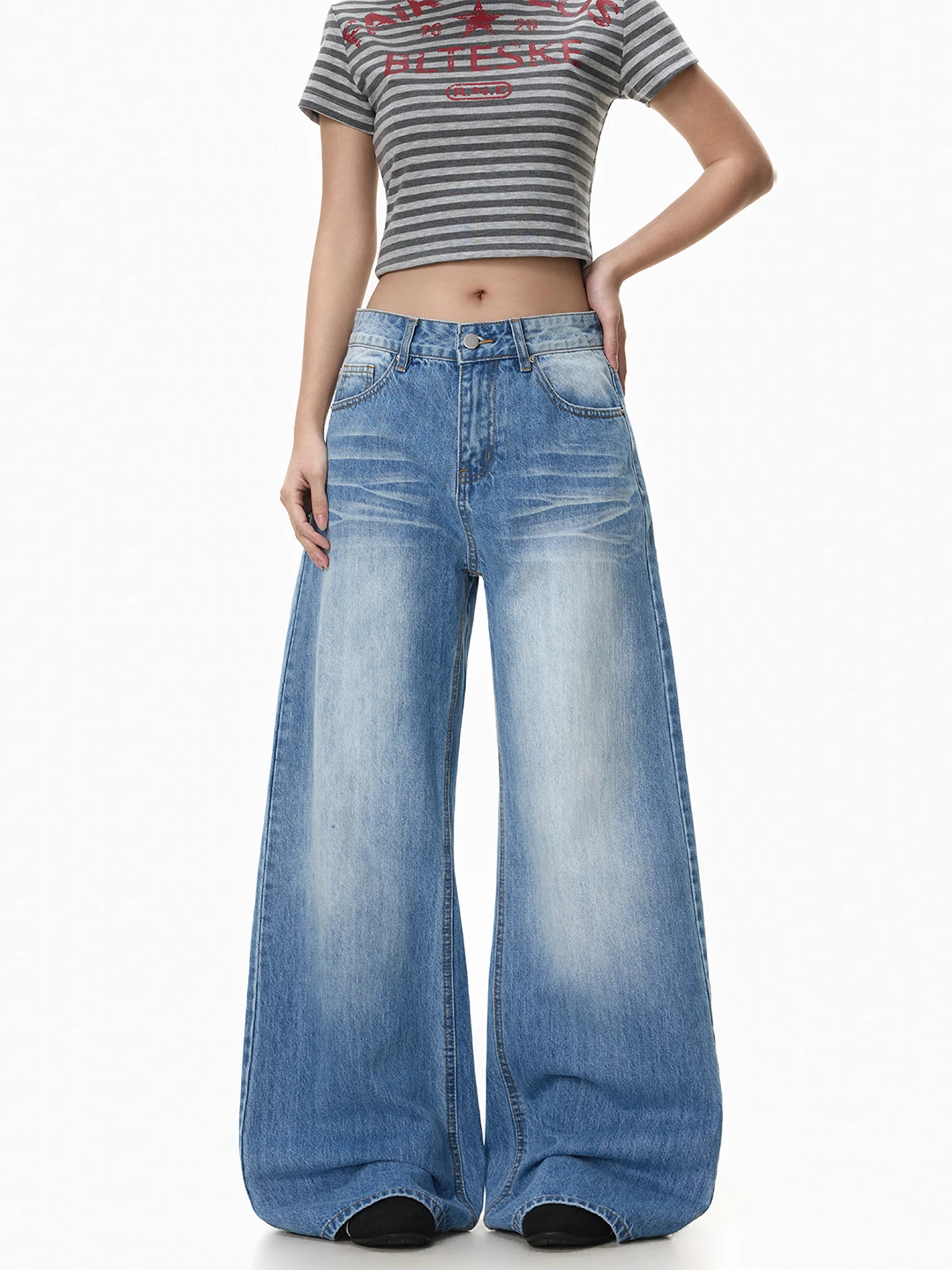 

Джинсы FreeMary в американском стиле, широкие, с эффектом драпировки, из денима, с высокой талией, свободного кроя, повседневные, с эффектом похудения