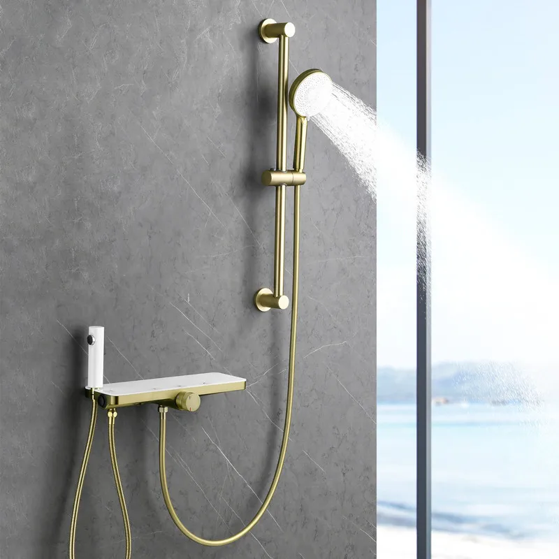 

Brushed Gold with White Bathtub Shower Set Hot and Cold Gray Bathroom Shower Faucet Bathroom set with Slid Bar Brass