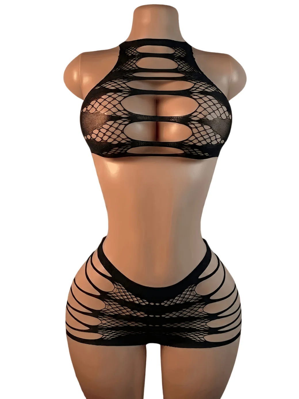 Women's Sexy Fishnet Lingerie Set Halter Neck Two-Piece Mini Skirt See through Tearable Mesh Erotic Underwear Hollow out Costume
