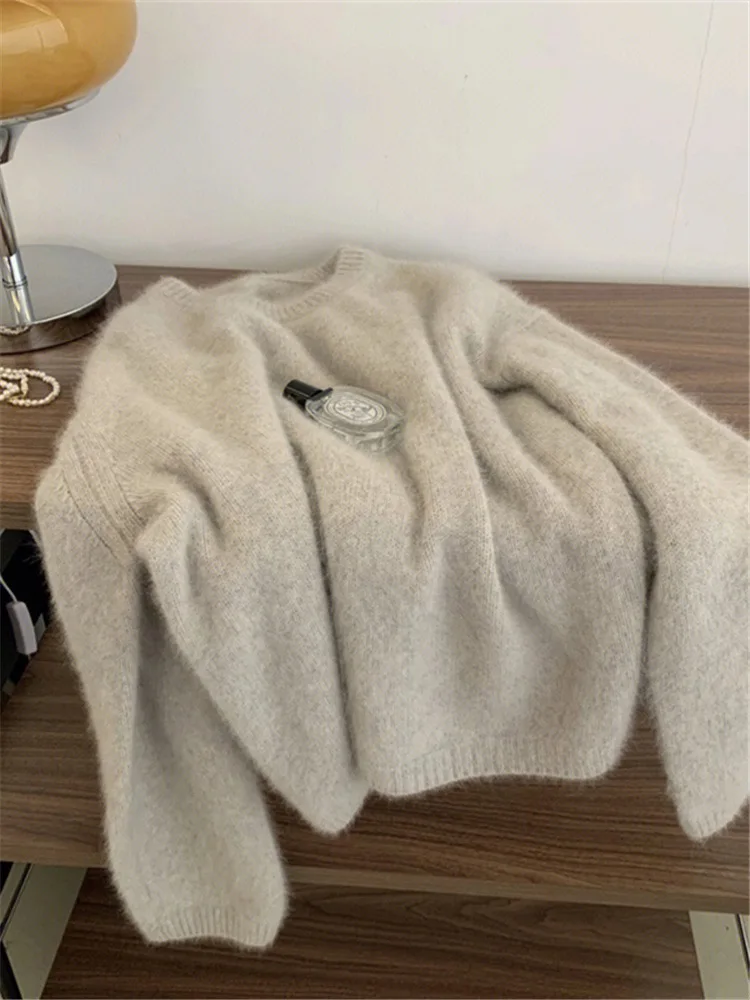 Soft Plush Sweater Women's Autumn Winter O-Neck Loose All-Matched Knit Pullover Korean Style Solid Mohair Long Sleeved Top