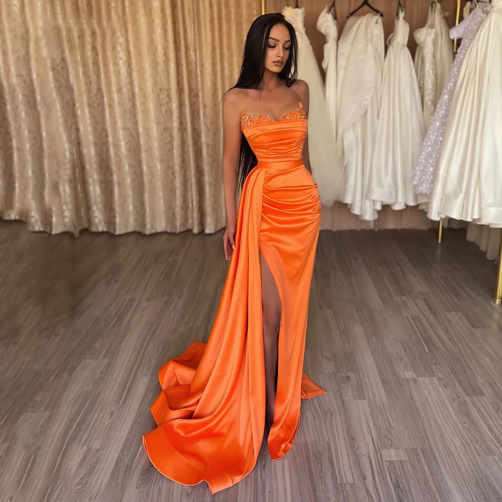 Lily Orange Mermaid Evening Dress Beadings Off Shoulder Bodycon Ruched Formal Prom Gown Pleated Side Split Ball Gown Customized