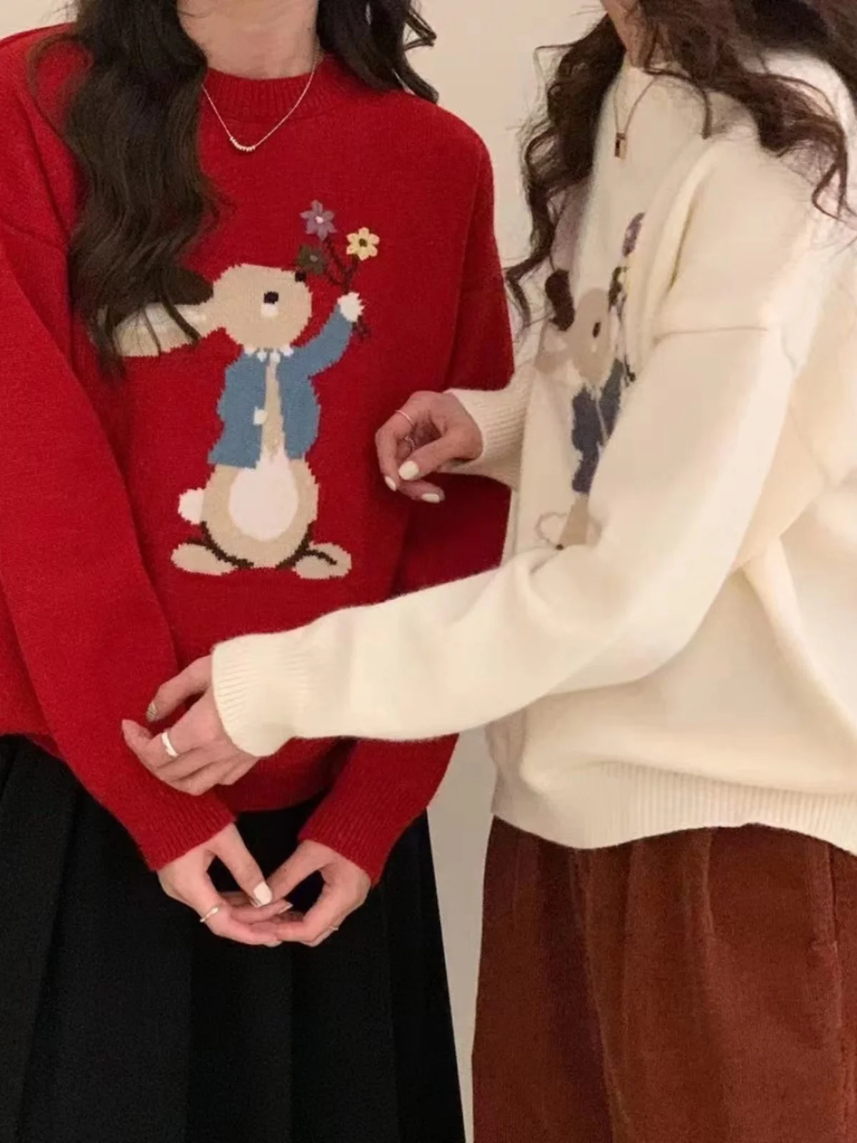 

Cartoon Embroidered Thiened Winter Knitwear Women's Loose Lazy Embroidery Sweater Design Sense Chinese Zodiac Year Clothes