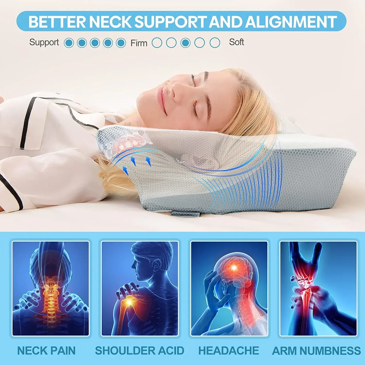 Pulatree-almohada ortopédica sin olor para el dolor de cuello y hombros, almohada Cervical ergonómica de espuma viscoelástica para dormir