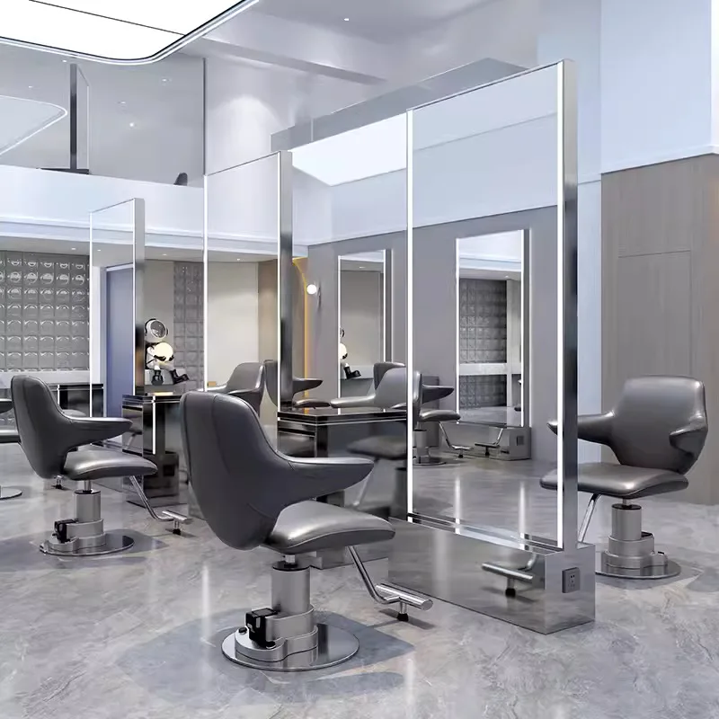 Stainless steel barber shop mirror table, single and double mirrors, floor-to-ceiling wall-mounted hair cutting chair