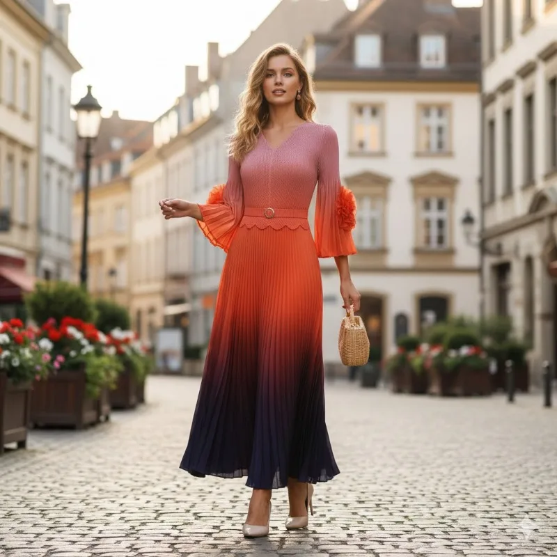 

Miyake плиссированные платья больших размеров 2026, весенняя новая мода, расклешенные рукава, градиент цвета, темперамент, элегантные женские длинные платья