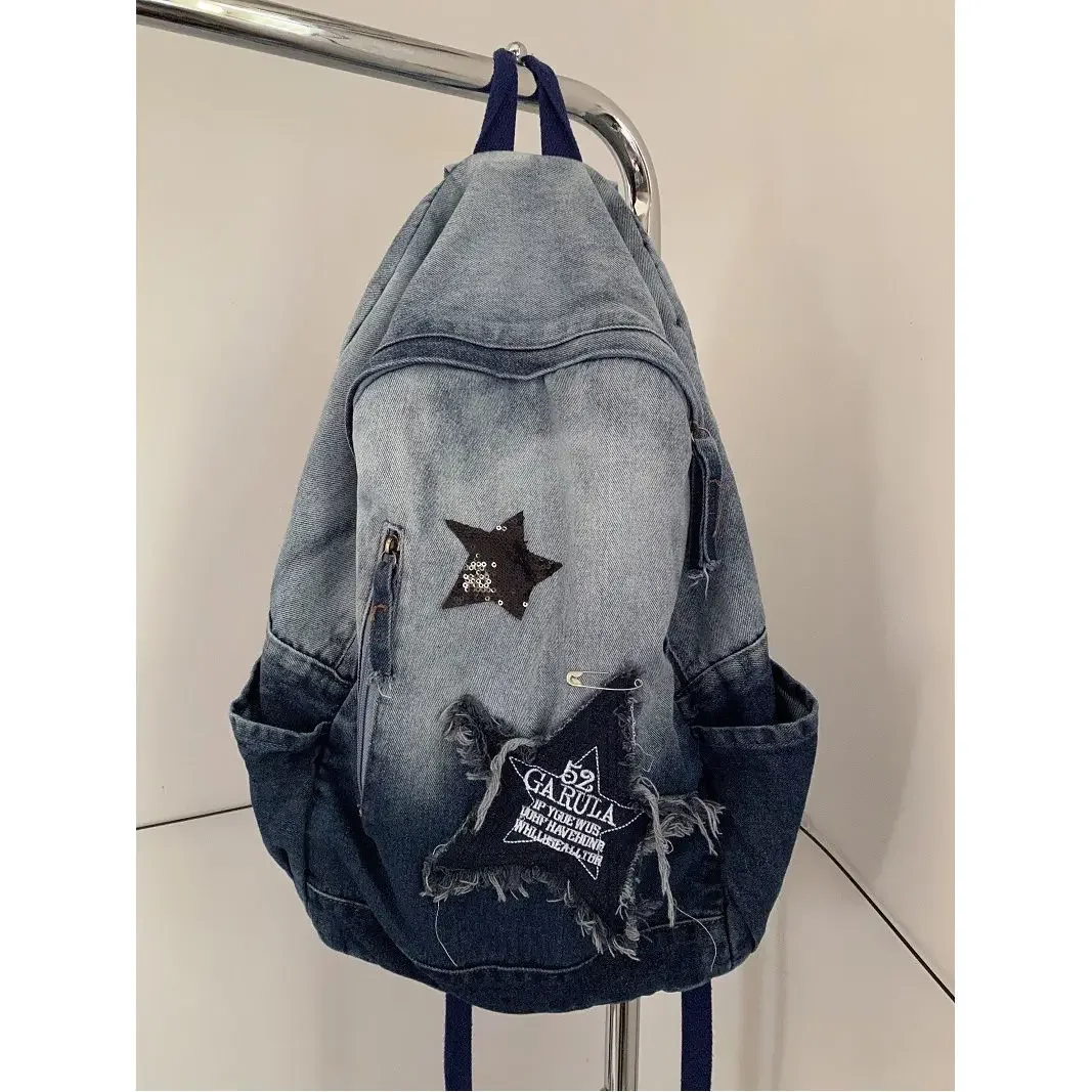 

Korea Vintage Casual Gradient Denim Student Book Bag Girl Schoolbag Y2K Backpack Pentagram Patchwork School Backpack Travel Bag