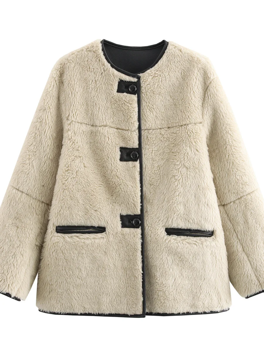 Faionable Tri-Color Leisure Sle Fur And Leather One-Piece Coat ZARZ Women's ort Outerwear Artistic Sle Regular Thin