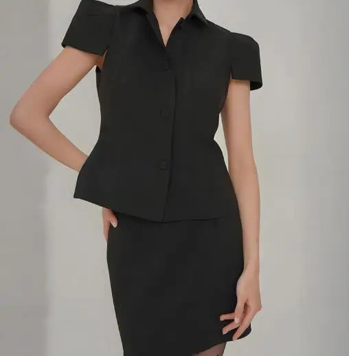 

Two Piece Set Women Outfit 2025 Spring Aummer New Solid Color Turn-Down Collar Short Sleeved Shirt Top & High Waist Skirt Set