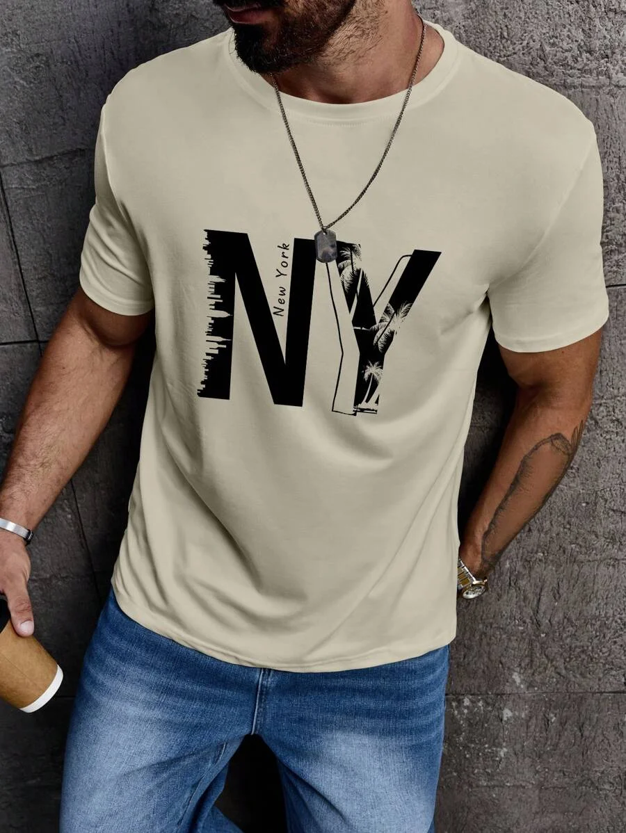 

Men's Spring/Summer New Short Sleeve Fashion NY Letter Printed Thin Half Sleeve Top T-shirt Men's Running Sports T-shirt Round N