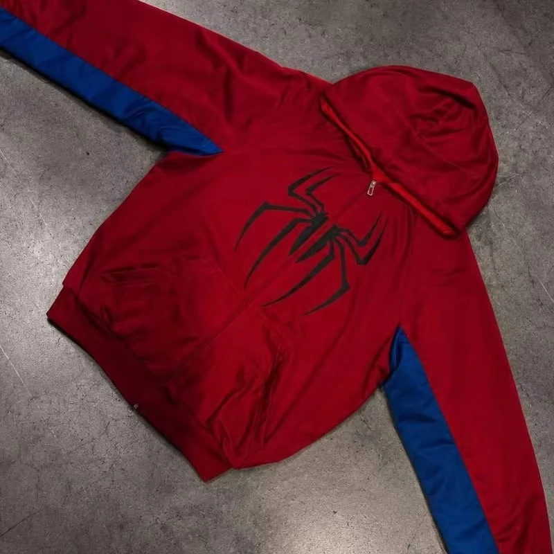 2026 Unisex Fashion Cosplay Hooded Jacket Red Blue Colorblock Spider Pattern Hoodie Casual Y2K  Family Matching Sweatshirt Top