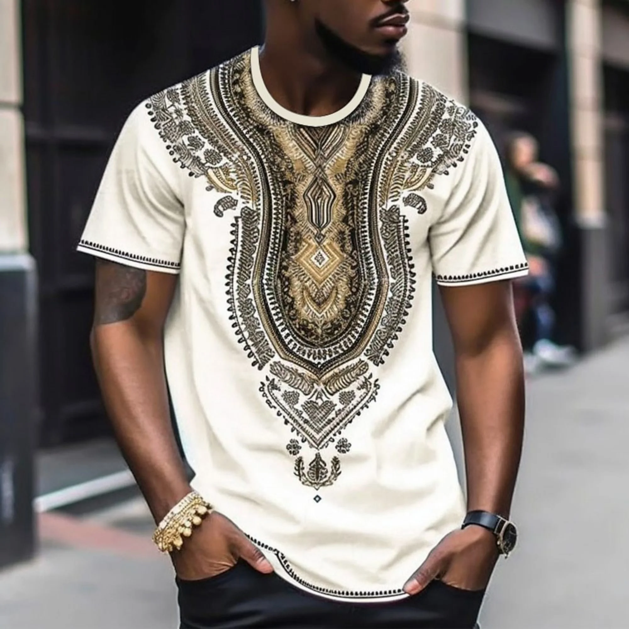 

Men's Quick-dry T-shirt Ethnic Pattern Graphic Tee Beige Gold Style Design Casual Daily Wear Trendy Cultural Print Dry Tee