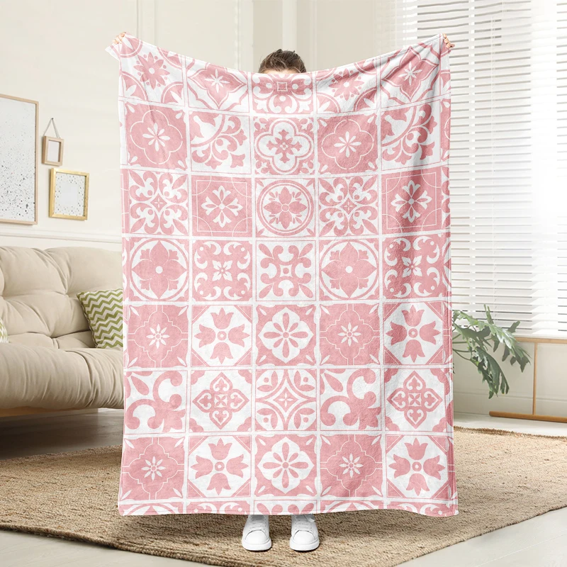 

Pink White Pattern Flannel Blanket Soft Plush Cozy Sofa Bed Decor Gift