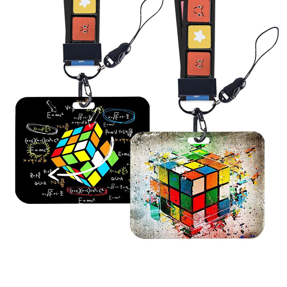 Cartoon Magic Cube Patterns Work Card Holder Work Name Badge with Keychains Student Id Card Lanyard Holder Accessories