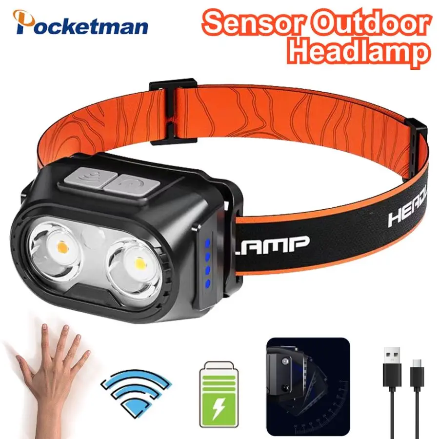 Powerful White Yellow Red Three Light Source LED Headlamp Smart Motion Sensor Headlight Type-C USB Rechargeable Head Lamp