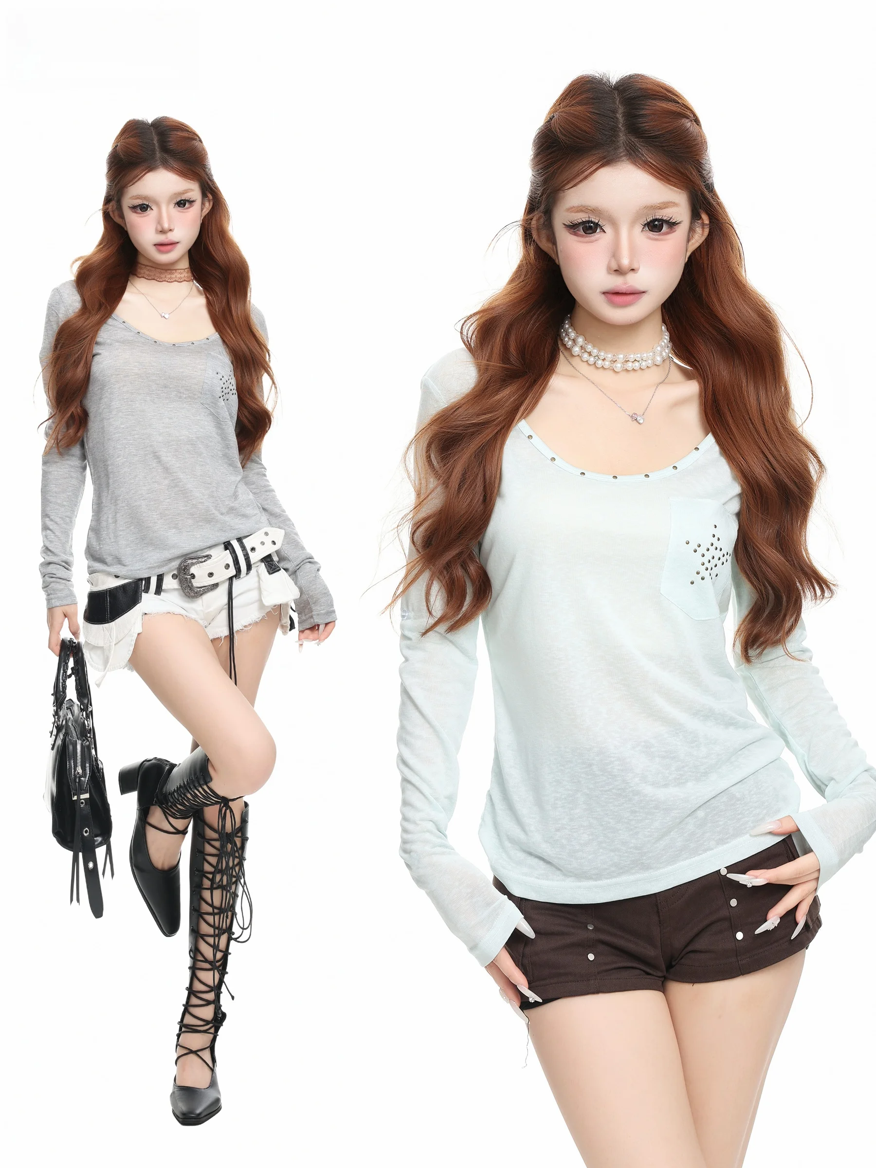 BASTERDS American Style Long Sleeve U-Neck T-Shirt Women's Autumn Slim Fit Semi-Transparent Sun Protection Shirt Top