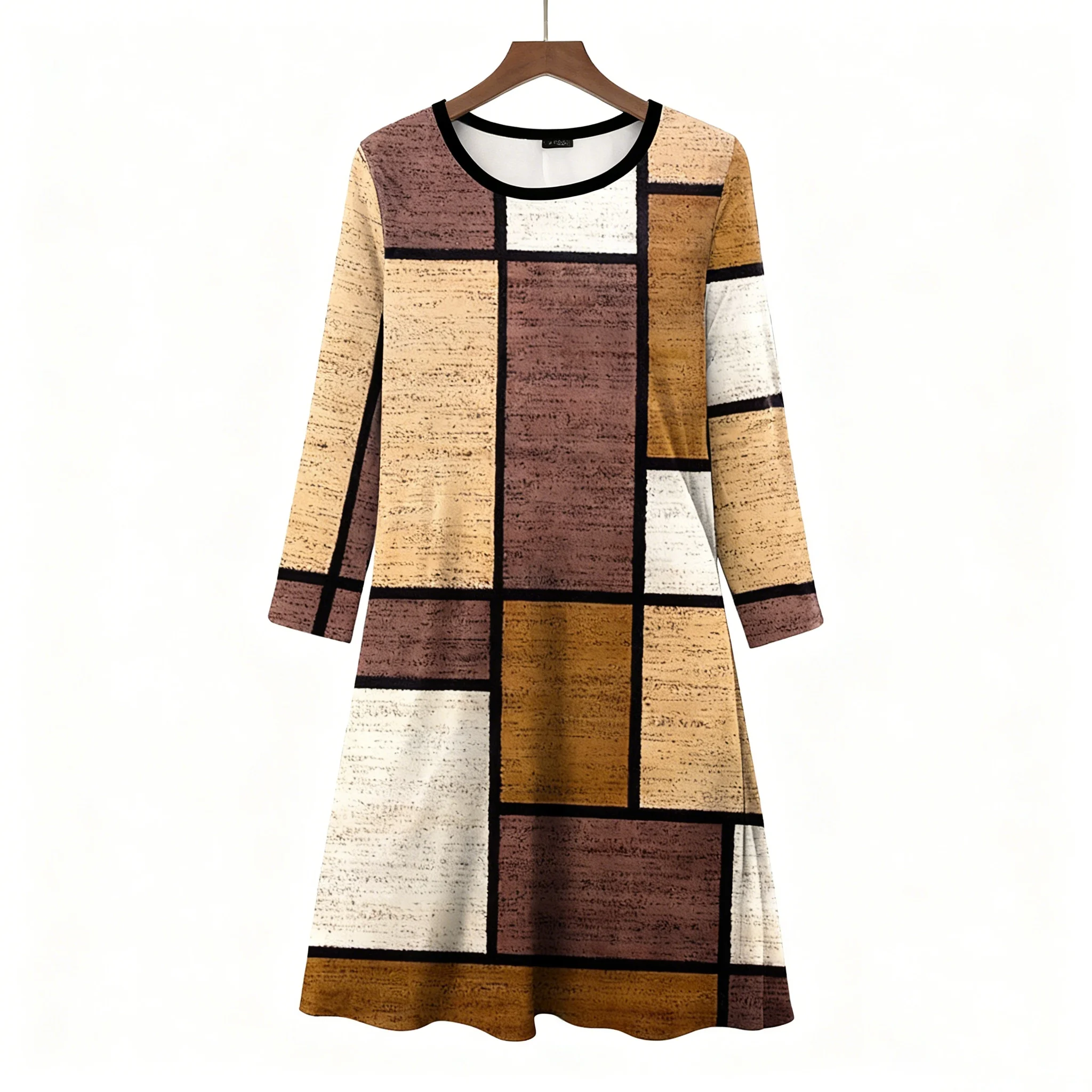 

Geometric Print Long Sleeve Round Neck Dress For Women Casual Polyester Dress With Moderate Stretch Spring Summer Autumn Wear