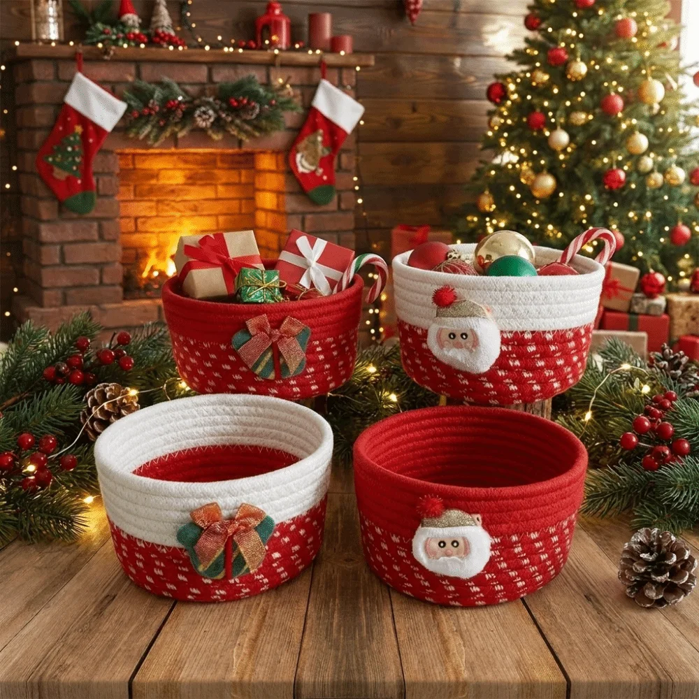 Cotton Rope Woven Christmas Storage Basket Santa Claus Multifunctional Desktop Organizer Lightweight Gift Box