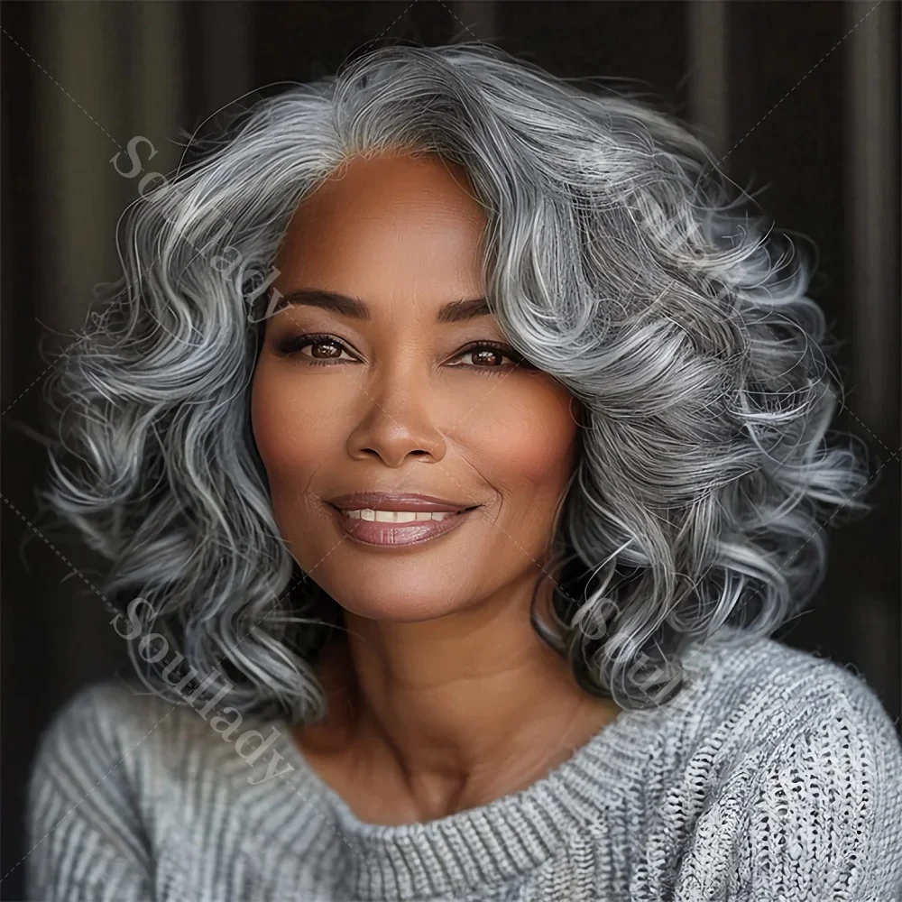 

Soul Lady Silver Big Loose Wave Curl Bob Wigs Salt & Pepper Human Hair 5x5 HD Lace Frontal Closure Wigs Gray Wig Glueless Wig