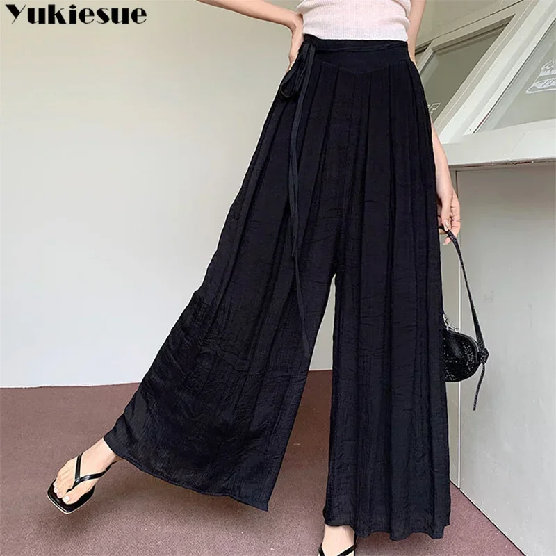 2023 Summer New Women Cotton Linen Pants Simplicity Versatile Elastic Waist Thin with Lining Mid-calf Draped Thin Swing Pants