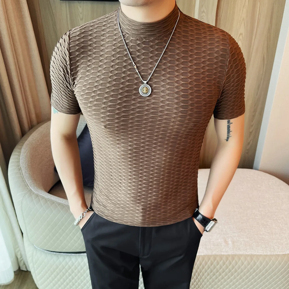 

Mock Neck Short Sleeve T Shirt For Men Slim Fit Easy Care Casual Summer Quality Smooth Comfortable All Match Camisetas De Hombre