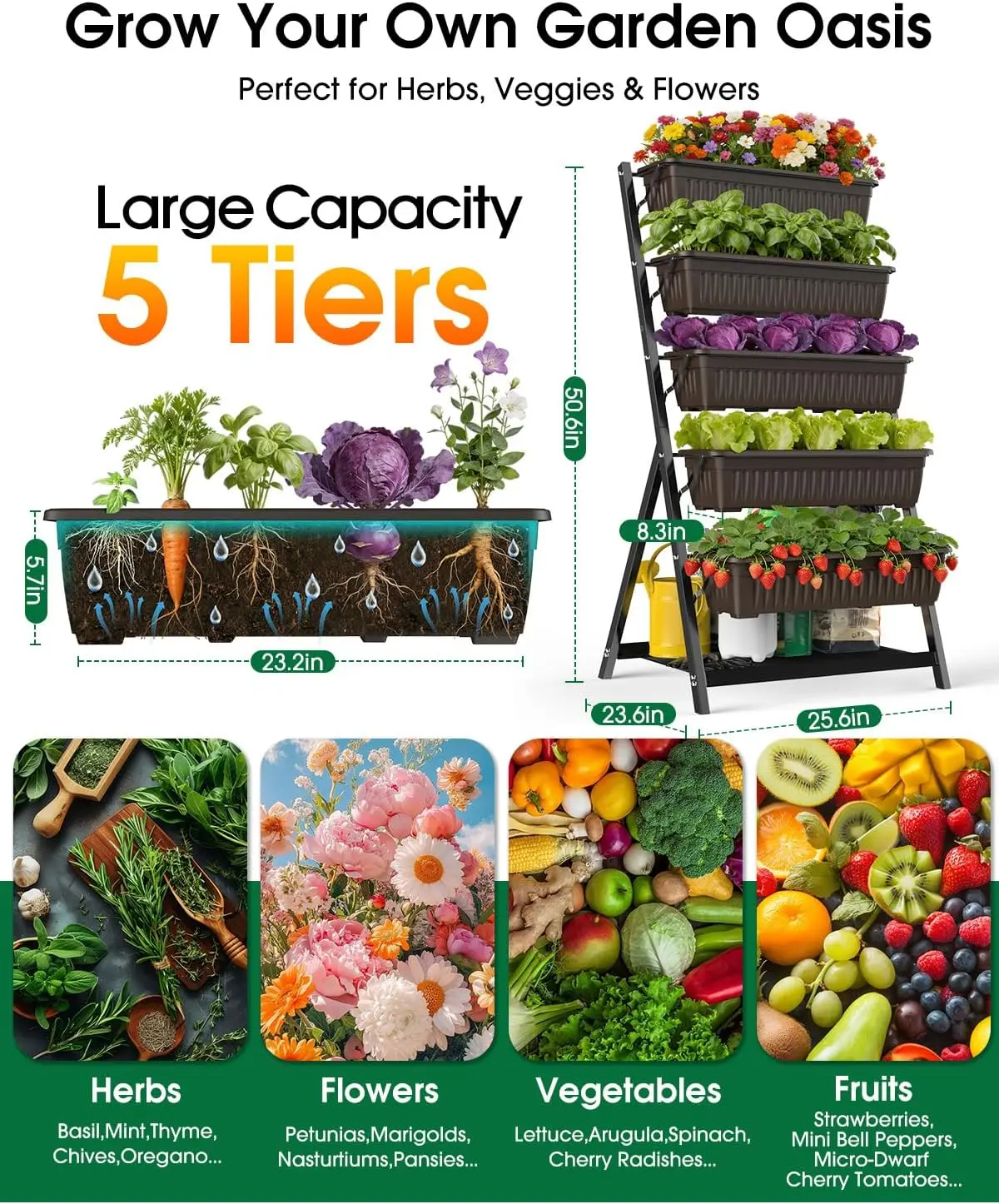 5 Tier Vertical Garden Bed Planter Boxes Drainage System Storage Space Freestanding 5 S Hooks Plants Vegetables Flowers Herbs Ga
