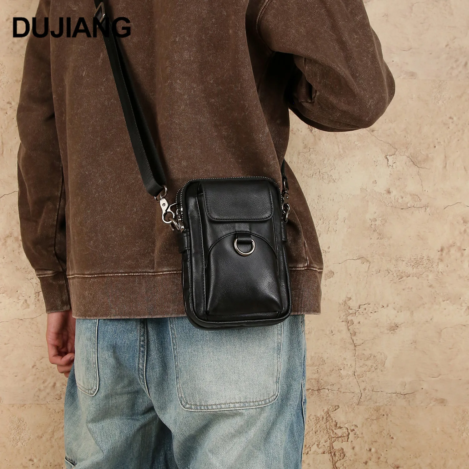 Men's crossbody bag with top layer cowhide vertical square commuting multi-functional men's mobile phone bag