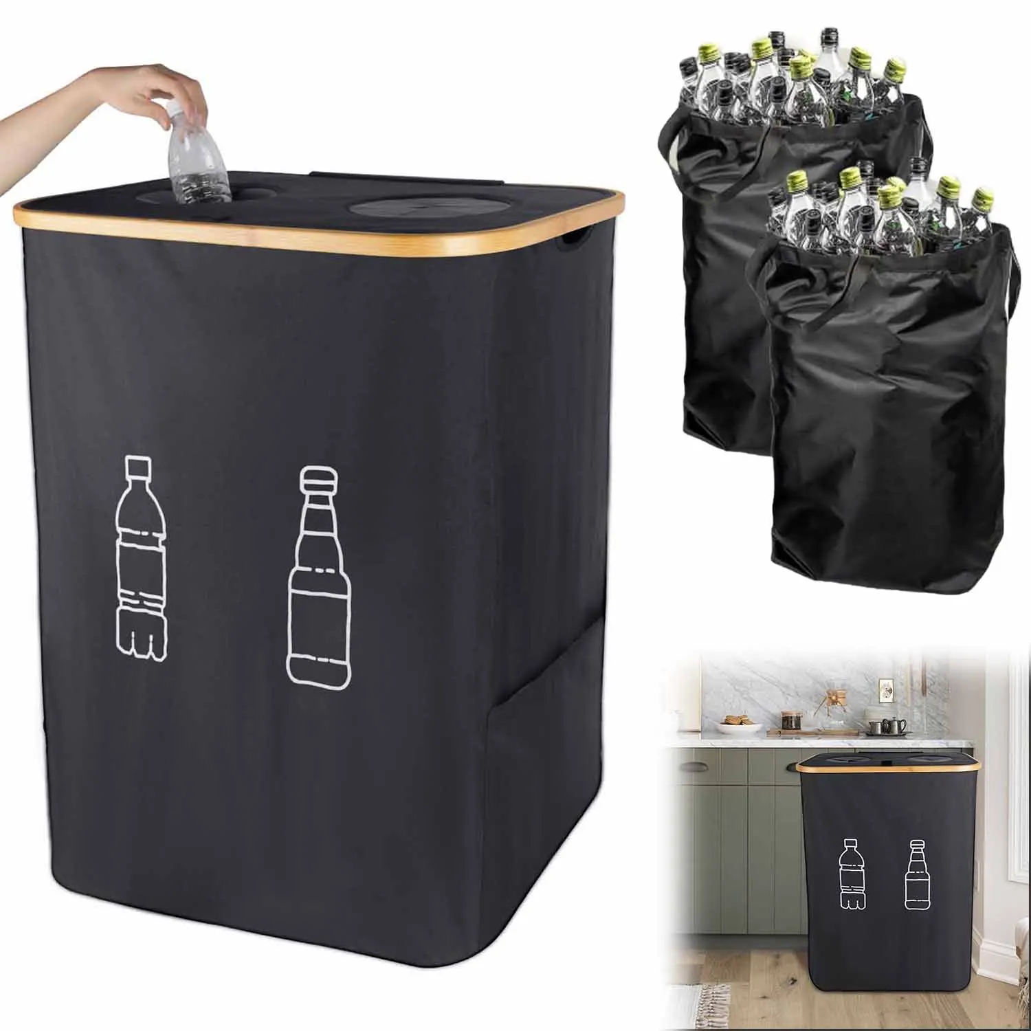 Contenitore per il riciclaggio da cucina da 160L e sacchi per lo stoccaggio, contenitore per il riciclaggio da cucina, contenitore per il riciclaggio di bottiglie di grande capacità con sacchi