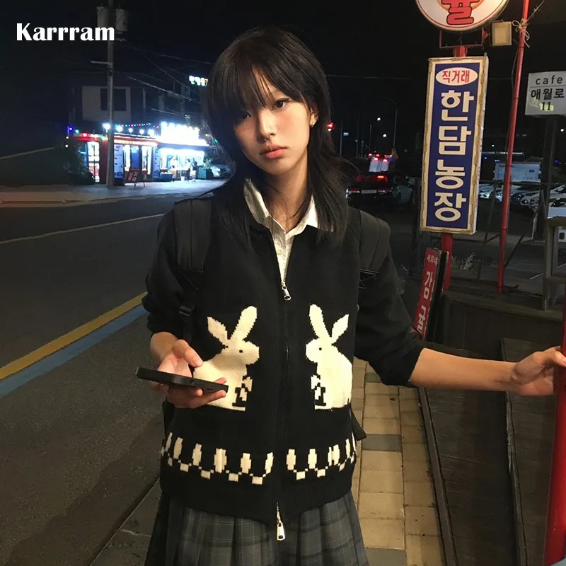 

Karrram Japanese Y2k Knit Cardigans Vintage Rabbit Embroidery Zipper Knitwear Harajuku 2000s Korean Knitted Coat Preppy Style