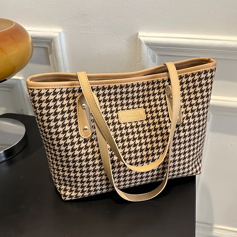 Lässige Tragetasche mit Hahnentrittmuster, Große Schultertasche mit Braunen Lederriemen, Vielseitig für Alltag und Ausflüge – Detail 10