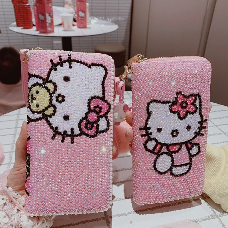 Kawaii Hello Kitty Vol Diamanten Portemonnee Sanrio Cartoon Kt Kat Persoonlijkheid Geld Map Tas Mooie Heldere Meisje Pu Handtas Gift