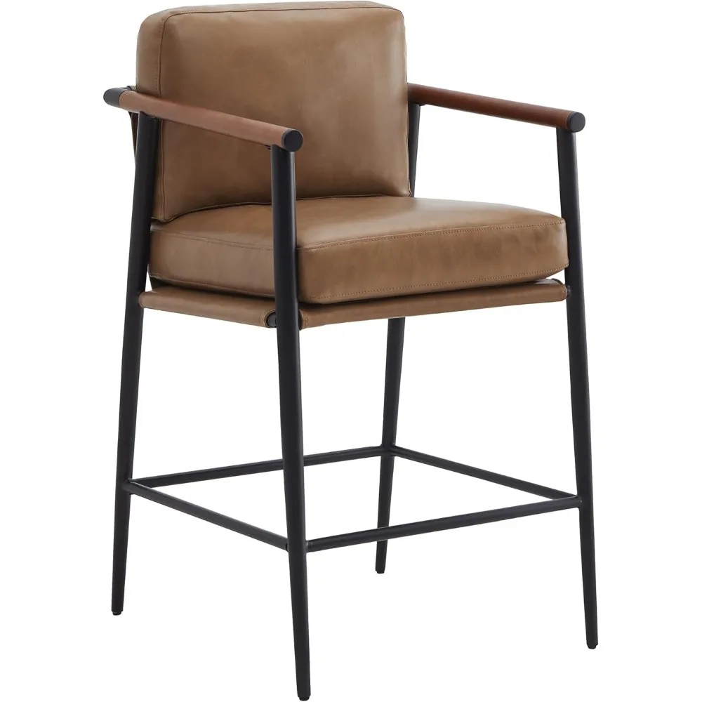 Juego de Barstools modernos de mediados de siglo, taburetes de Bar de altura de mostrador tapizados en H de 2, 26 pulgadas, con reposabrazos de madera y patas de Metal