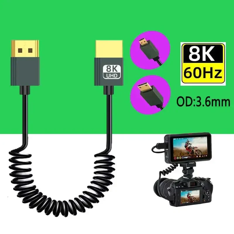 8K HDMI-Compatible To HDMI-Compatible Coiled Cable 48Gbps HDMI-Compatible To Mini/Micro HD Cable for Camera/Camcorder/PC/Monitor