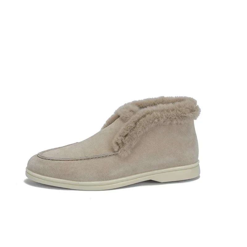 Real leather and velvet high top loafers for women's casual cotton shoes, warm and internally raised snow boots for couples