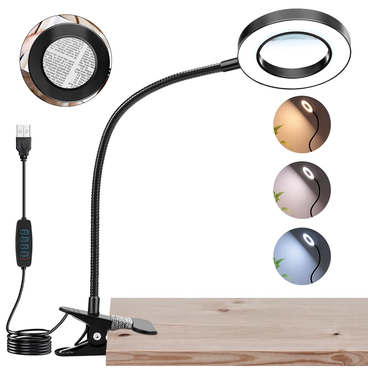 

LED USB Clip Desk Lamp 360° Flexible Gooseneck Read Light,Eye-Caring Dimmable Study Lamp 3Color Temperaturesfor Books/Night Use