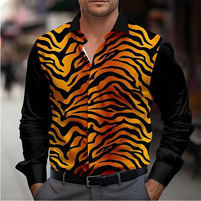 

2025 Leopard Print Zebra Print Men's Fashion Casual 3D Printed Shirt Street Vacation Spring Lapel Long Sleeve 5XL Stretch Shirt