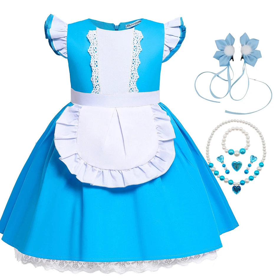 Disfraz De Alicia Para Niñas – Vestido Azul Con Delantal, Diadema, Medias Y Gargantilla, Tallas 6 A 10 Años, Para Cumpleaños Y Halloween
