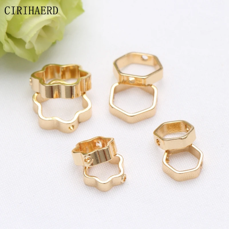 14K Gold Plated Brass Geometric Hexagon Lace Ring Spacer Beads Guard Ring DIY Handmade Jewelry Accessories Bead Set Wholesale