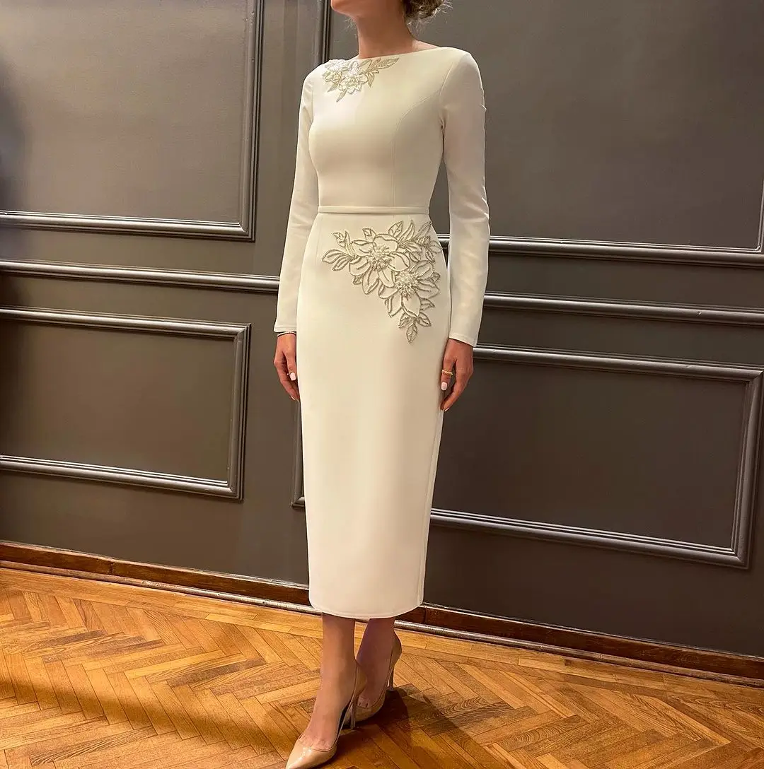 

Sapmae O-neck Embroidery Beaded Sheath Zipper Up Full Sleeve Simple Prom Evenning Cocktail Formal Dress For Women In 2024