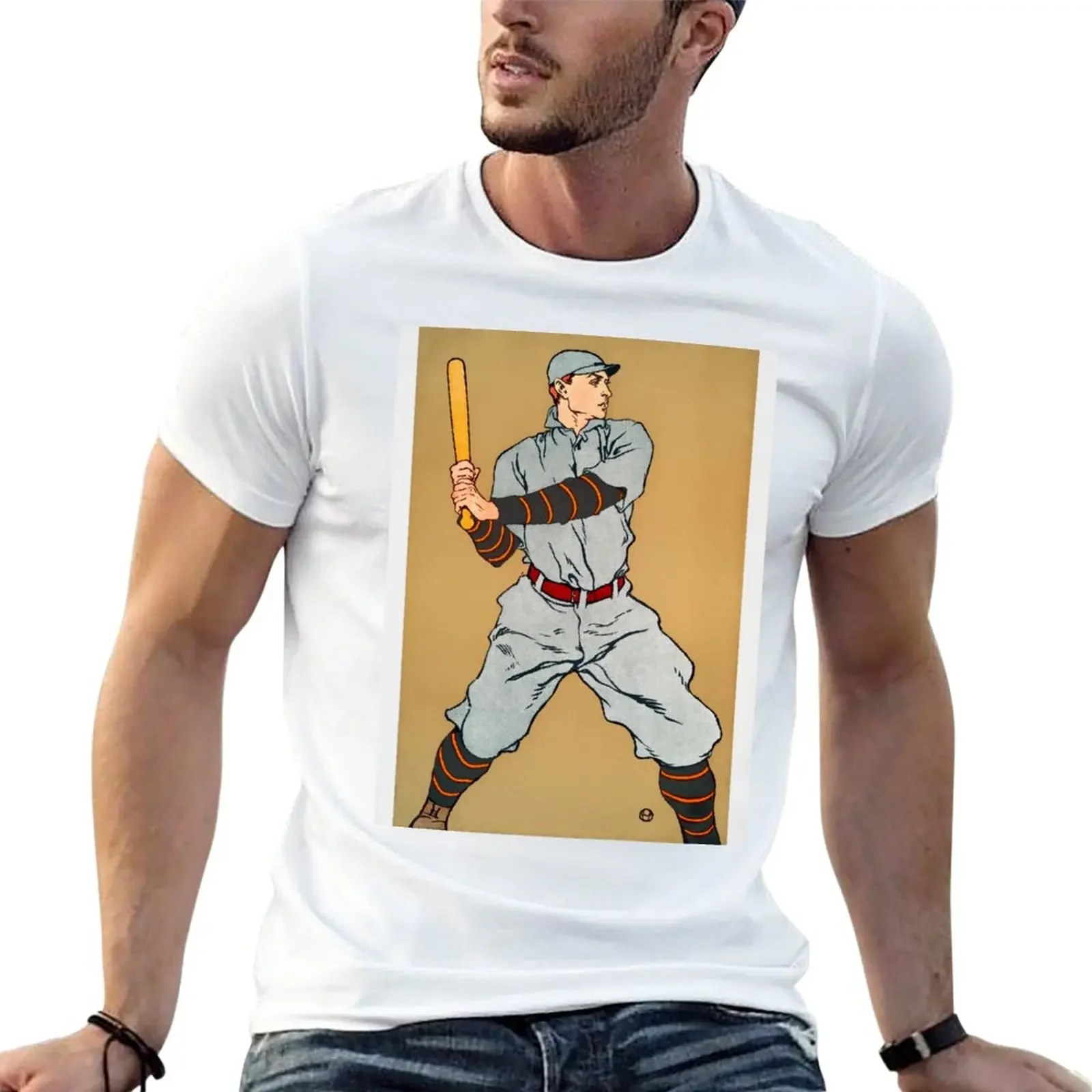 New Vintage print-baseball player holding a bat by Edward Penfield T-Shirt tops graphics t shirt vintage t shirt Men's clothing